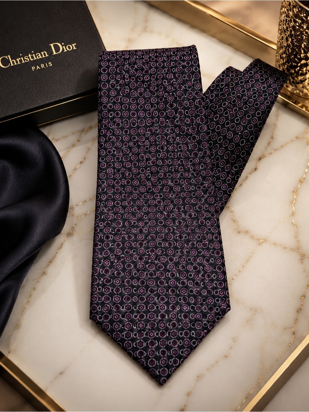 Vintage Christian Dior Silk Tie Burgundy Black Geometric